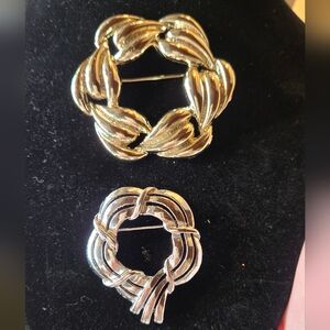 Gold and Silver Tone Wreath Brooch Set Holiday Theme or Everyday Look
